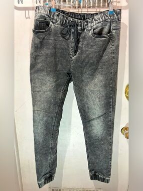 Slim Fit Washed Black Men's Skinny Jeans with Drawstring Waist